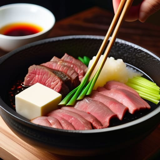 Rich beef and vegetable Sukiyaki in pot.